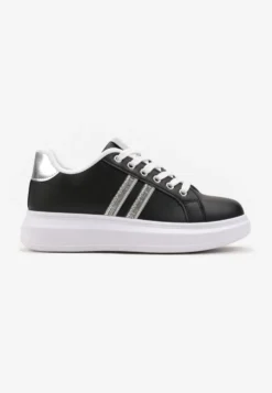 Czarne Sznurowane Sneakersy z Imitacji Skóry Ozdobione Paskami z Cyrkoniami Isolinna