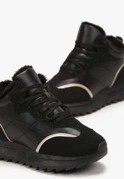 Czarne Sznurowane Sneakersy Ocieplane Futerkiem Bega