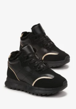 Czarne Sznurowane Sneakersy Ocieplane Futerkiem Bega