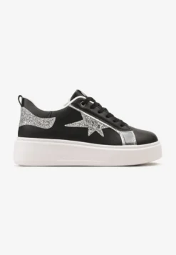 Czarne Sznurowane Sneakersy na Niskiej Platformie z Brokatowymi Wstawkami Cominia