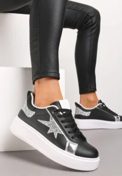 Czarne Sznurowane Sneakersy na Niskiej Platformie z Brokatowymi Wstawkami Cominia