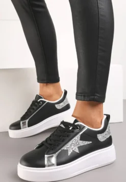Czarne Sznurowane Sneakersy na Niskiej Platformie z Brokatowymi Wstawkami Cominia