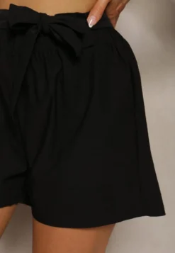 Czarne Szorty Bermudy High Waist z Dodatkiem Bawełny Wiązane w Pasie Quisevia