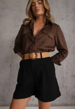 Czarne Szorty Casual z Wiskozą High Waist Ozdobione Paskiem z Plecionki Kailee