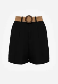 Czarne Szorty Casual z Wiskozą High Waist Ozdobione Paskiem z Plecionki Kailee