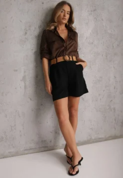 Czarne Szorty Casual z Wiskozą High Waist Ozdobione Paskiem z Plecionki Kailee