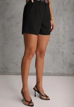 Czarne Szorty High Waist w Eleganckim Stylu z Cienkim Paskiem ze Sprzączką Rissarie