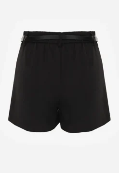 Czarne Szorty High Waist w Eleganckim Stylu z Cienkim Paskiem ze Sprzączką Rissarie