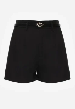 Czarne Szorty High Waist w Eleganckim Stylu z Cienkim Paskiem ze Sprzączką Rissarie