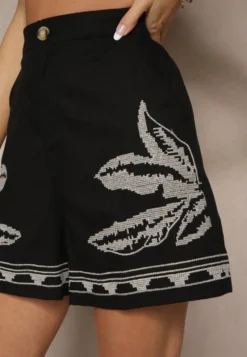 Czarne Szorty High Waist z Bawełny Zdobione Haftem Filianira