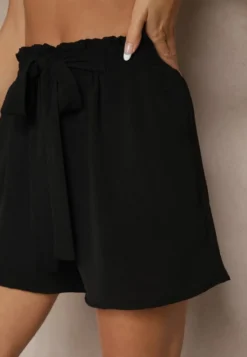 Czarne Szorty High Waist z Ozdobnym Wiązaniem i Gumką w Pasie Mevalena