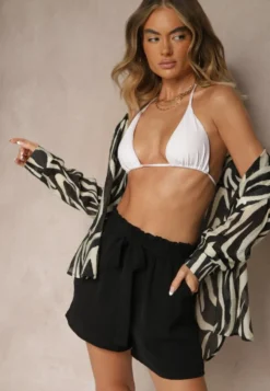 Czarne Szorty High Waist z Ozdobnym Wiązaniem i Gumką w Pasie Mevalena