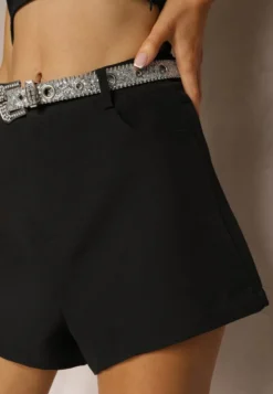 Czarne Szorty High Waist z Ozdobnym Brokatowym Paskiem Klinna