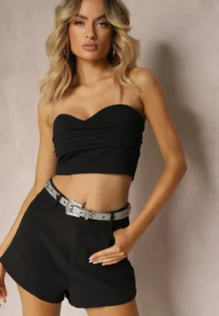 Czarne Szorty High Waist z Ozdobnym Brokatowym Paskiem Klinna