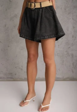 Czarne Szorty Jeansowe High Waist z Bawełny z Elastycznym Paskiem Tinreia