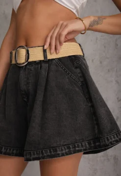 Czarne Szorty Jeansowe High Waist z Bawełny z Elastycznym Paskiem Tinreia