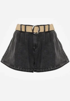 Czarne Szorty Jeansowe High Waist z Bawełny z Elastycznym Paskiem Tinreia