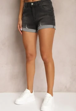 Czarne Szorty Jeansowe Push Up z Wiskozą i Bawełną High Waist z Przetarciami Vimillda