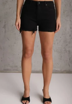 Czarne Szorty Jeansowe z Dodatkiem Bawełny High Waist z Przetarciami na Nogawkach Vimalen