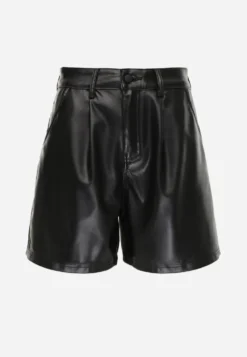 Czarne Szorty Typu Bermudy High Waist Wykonane z Imitacji Skóry Manuela