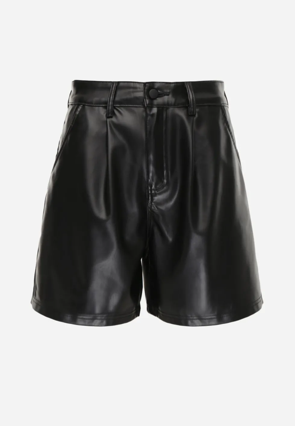 Czarne Szorty Typu Bermudy High Waist Wykonane z Imitacji Skóry Manuela