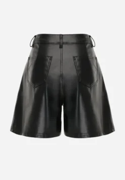 Czarne Szorty Typu Bermudy High Waist Wykonane z Imitacji Skóry Manuela