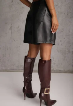 Czarne Szorty Typu Bermudy High Waist Wykonane z Imitacji Skóry Manuela