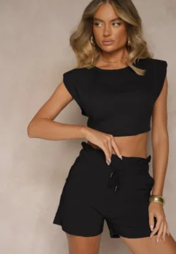 Czarne Szorty z Bawełną High Waist z Ozdobnym Sznurkiem Axemia
