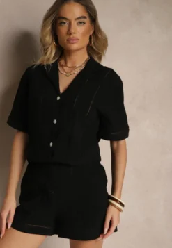 Czarne Szorty z Bawełny High Waist Ozdobione Geometrycznym Wzorem Galessira