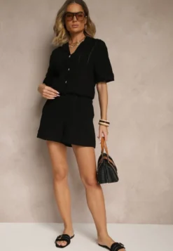Czarne Szorty z Bawełny High Waist Ozdobione Geometrycznym Wzorem Galessira