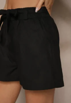 Czarne Szorty z Bawełny High Waist Ozdobione Paskiem Lioziera