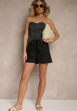 Czarne Szorty z Bawełny High Waist Ozdobione Paskiem Lioziera