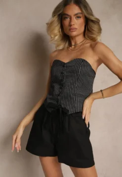 Czarne Szorty z Bawełny High Waist Ozdobione Paskiem Lioziera