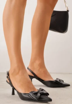 Czarne Szpilki Slingback Ozdobione z Przodu Kokardą Urea