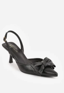 Czarne Szpilki Slingback Ozdobione z Przodu Kokardą Urea