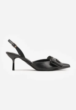 Czarne Szpilki Slingback Ozdobione z Przodu Kokardą Urea
