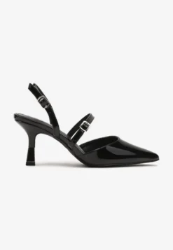 Czarne Szpilki Slingback Ozdobione Paskami i Metaliczną Wstawką Villexia