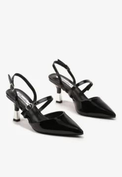 Czarne Szpilki Slingback Ozdobione Paskami i Metaliczną Wstawką Villexia