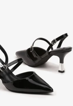 Czarne Szpilki Slingback Ozdobione Paskami i Metaliczną Wstawką Villexia