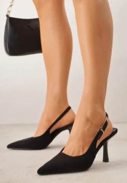 Czarne Szpilki Slingback VICES z Imitacji Zamszu z Prostokątną Klamerką Natuma