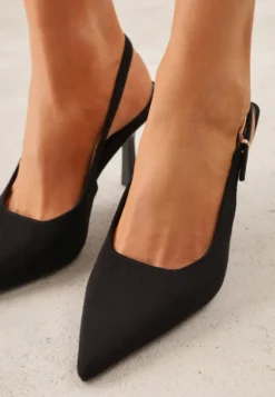 Czarne Szpilki Slingback VICES z Imitacji Zamszu z Prostokątną Klamerką Natuma