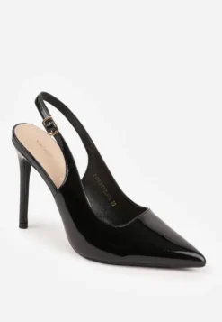 Czarne Szpilki Slingback VICES z Lakierowanym Połyskiem i Skórzaną Wkładką Marinja