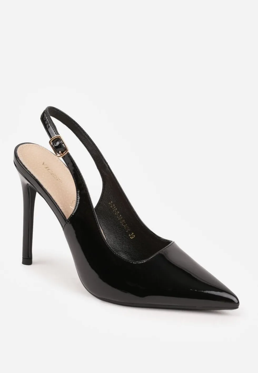 Czarne Szpilki Slingback VICES z Lakierowanym Połyskiem i Skórzaną Wkładką Marinja