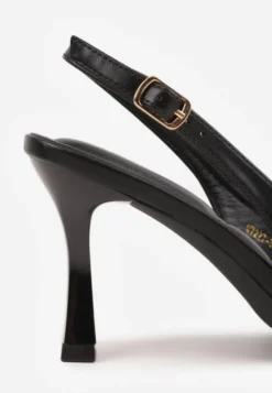 Czarne Szpilki Slingback VICES Zdobione Gorsetowym Wiązaniem z Kokardą Azimuna