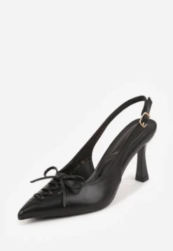 Czarne Szpilki Slingback VICES Zdobione Gorsetowym Wiązaniem z Kokardą Azimuna