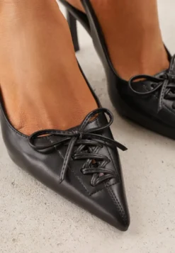 Czarne Szpilki Slingback VICES Zdobione Gorsetowym Wiązaniem z Kokardą Azimuna