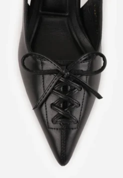 Czarne Szpilki Slingback VICES Zdobione Gorsetowym Wiązaniem z Kokardą Azimuna