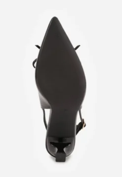 Czarne Szpilki Slingback VICES Zdobione Gorsetowym Wiązaniem z Kokardą Azimuna