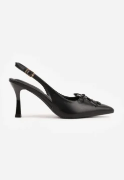 Czarne Szpilki Slingback VICES Zdobione Gorsetowym Wiązaniem z Kokardą Azimuna