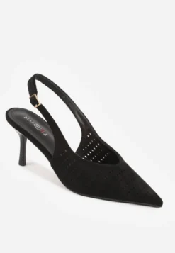 Czarne Szpilki Slingback z Ażurową Cholewką Nessnore